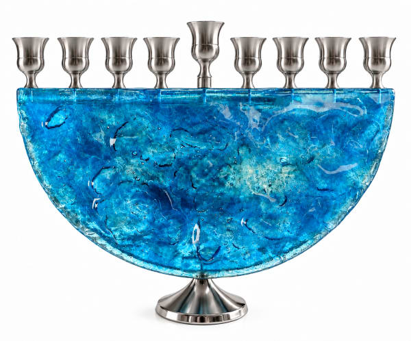 Silver-Tone Light Blue Glass Half-Moon Hanukkah Menorah