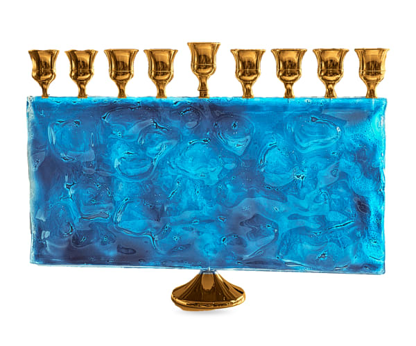 Gold-Tone Light Blue Glass Rectangular Hanukkah Menorah