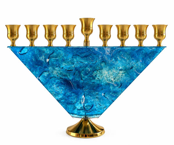 Gold-Tone Light Blue Glass Trapezoid Hanukkah Menorah