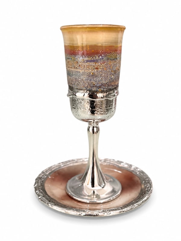 Colorful Glass Cup and Plate - handmade glass Kiddush cup and plate set with silver-plated details