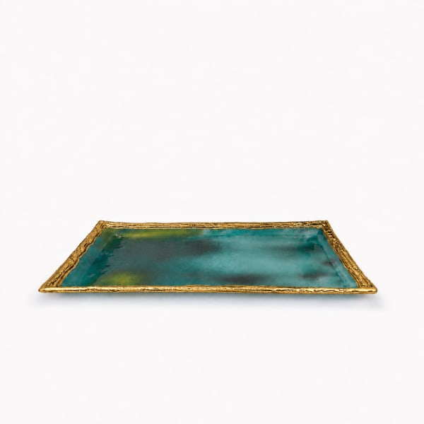Green Gold-Plated Glass Tray - handmade glass tray, bowl or Kiddush cup plate