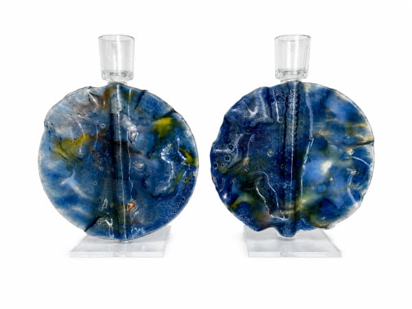 Glass Circle Candlesticks - handmade Murano-style glass Shabbat candle holders