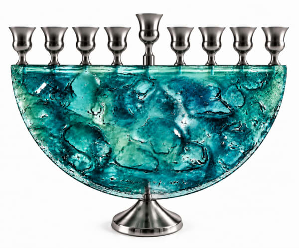 Silver-Tone Turquoise Glass Half-Moon Hanukkah Menorah