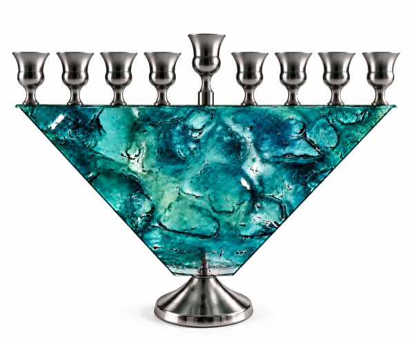 Silver-Tone Turquoise Glass Trapezoid Hanukkah Menorah