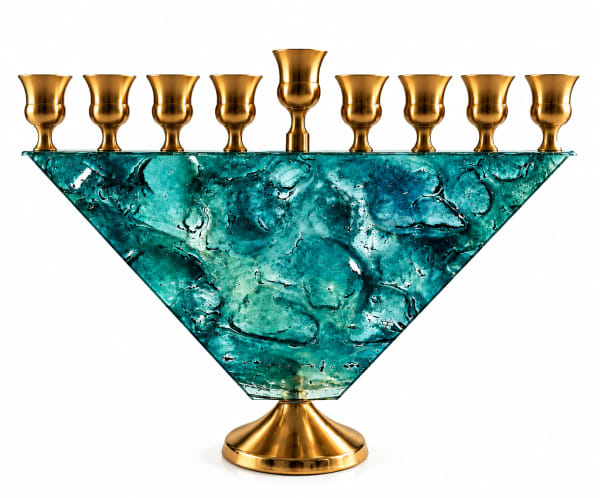 Gold-Tone Turquoise Glass Trapezoid Hanukkah Menorah