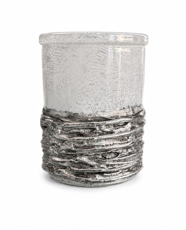 Low White Glass Cup - handmade silver-plated glass Kiddush cup in white