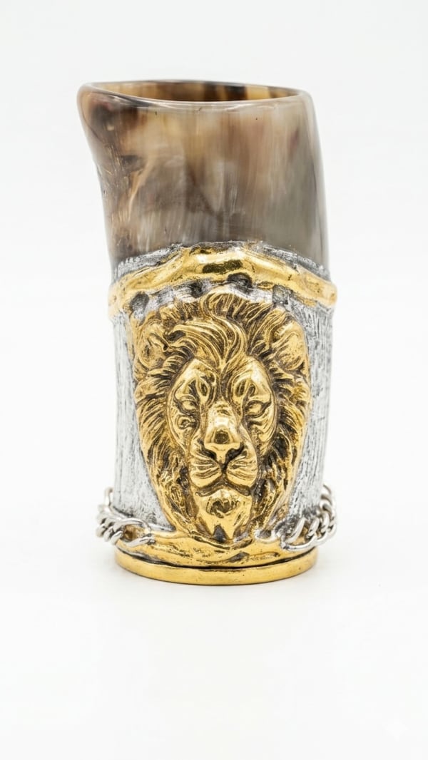 Lion of Judah Goblet - rams horn wine goblet with silver-plated lion emblem