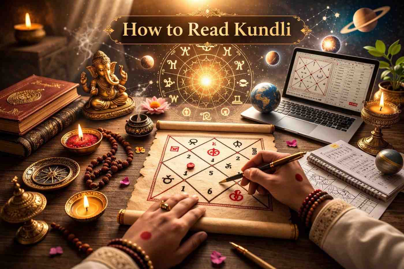 How to read kundli step by step showing 12 houses, planets, and ascendant