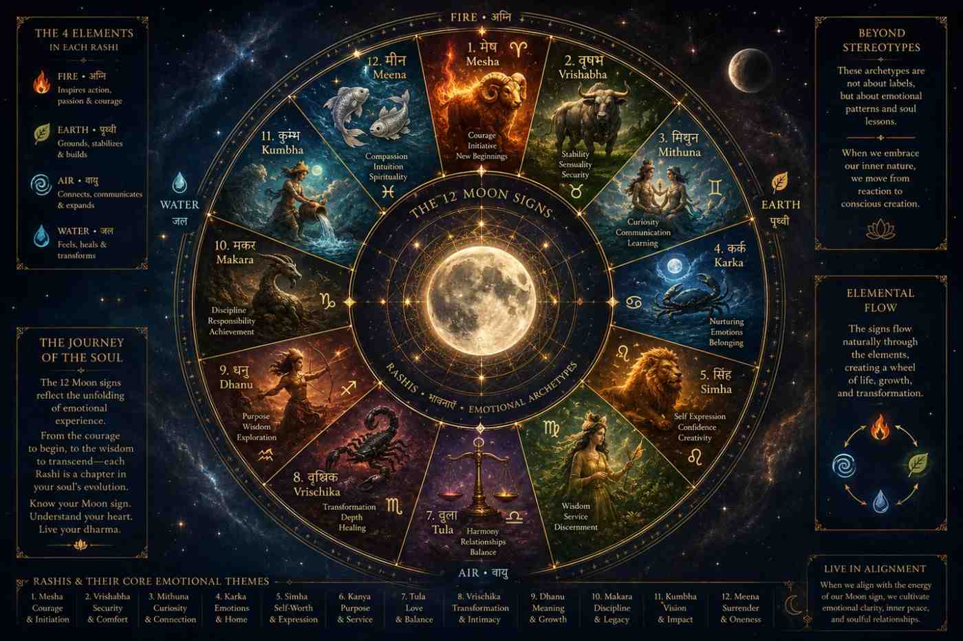 The Complete Moon Sign Guide: All 12 Rashis, Meaning & Predictions