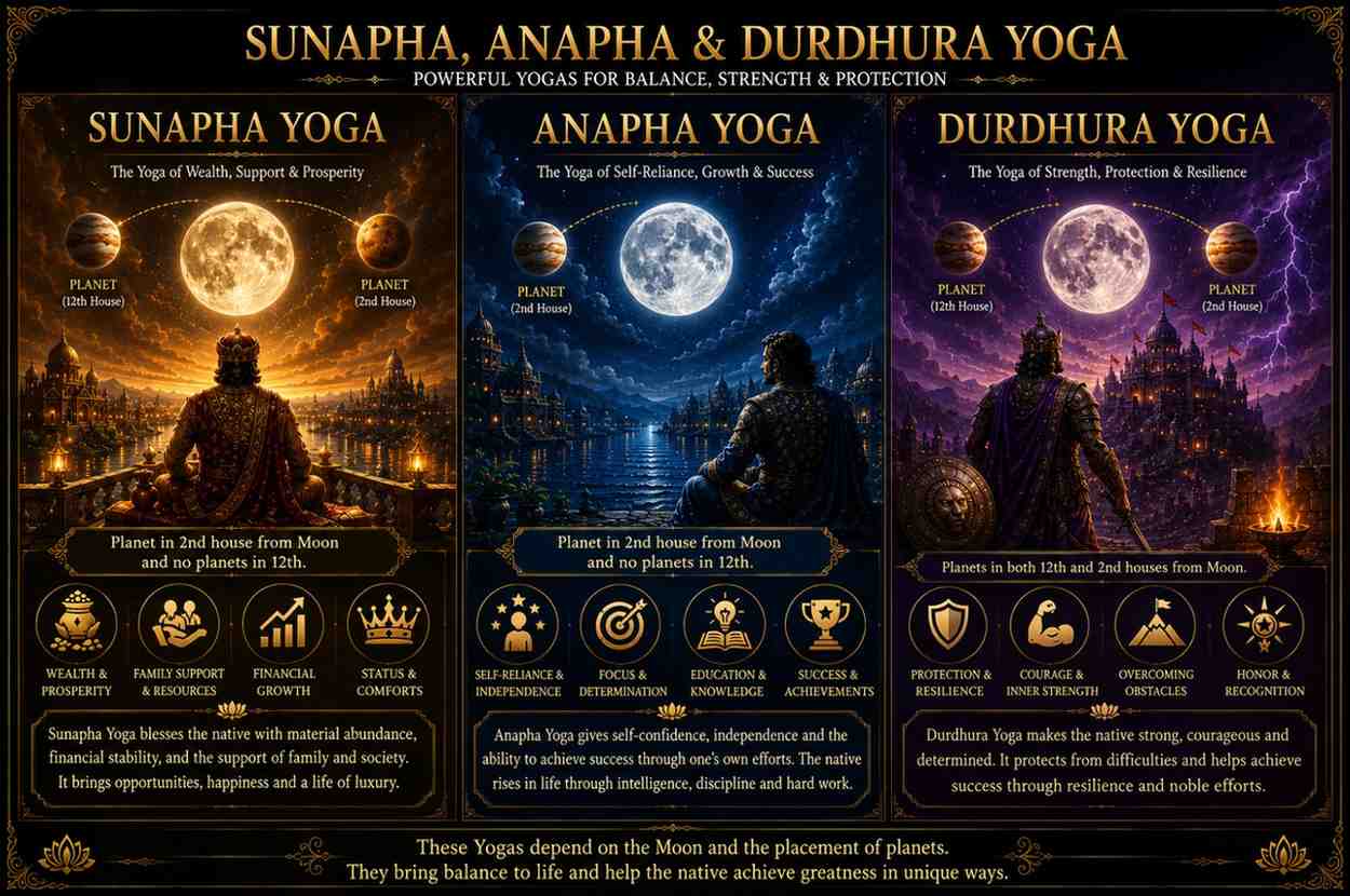 Sunapha, Anapha, and Durdhura Yogas: Meaning, Effects & Chart Analysis