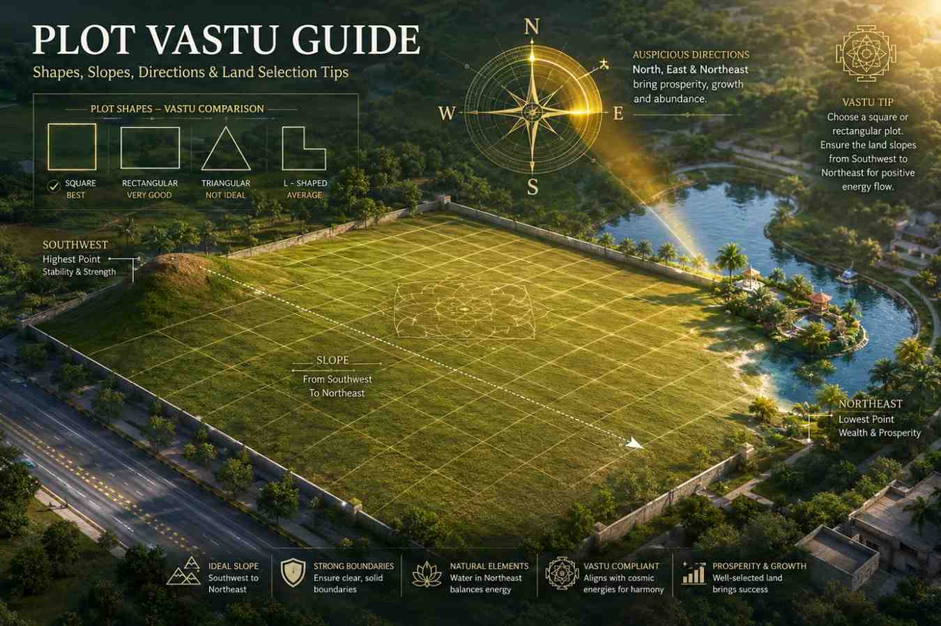 Plot Vastu Guide: Shapes, Slopes, Directions, and Land Selection Tips