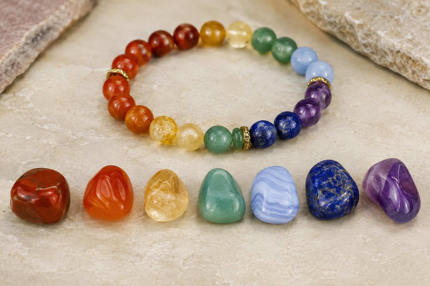 Seven chakra stones in bracelet order