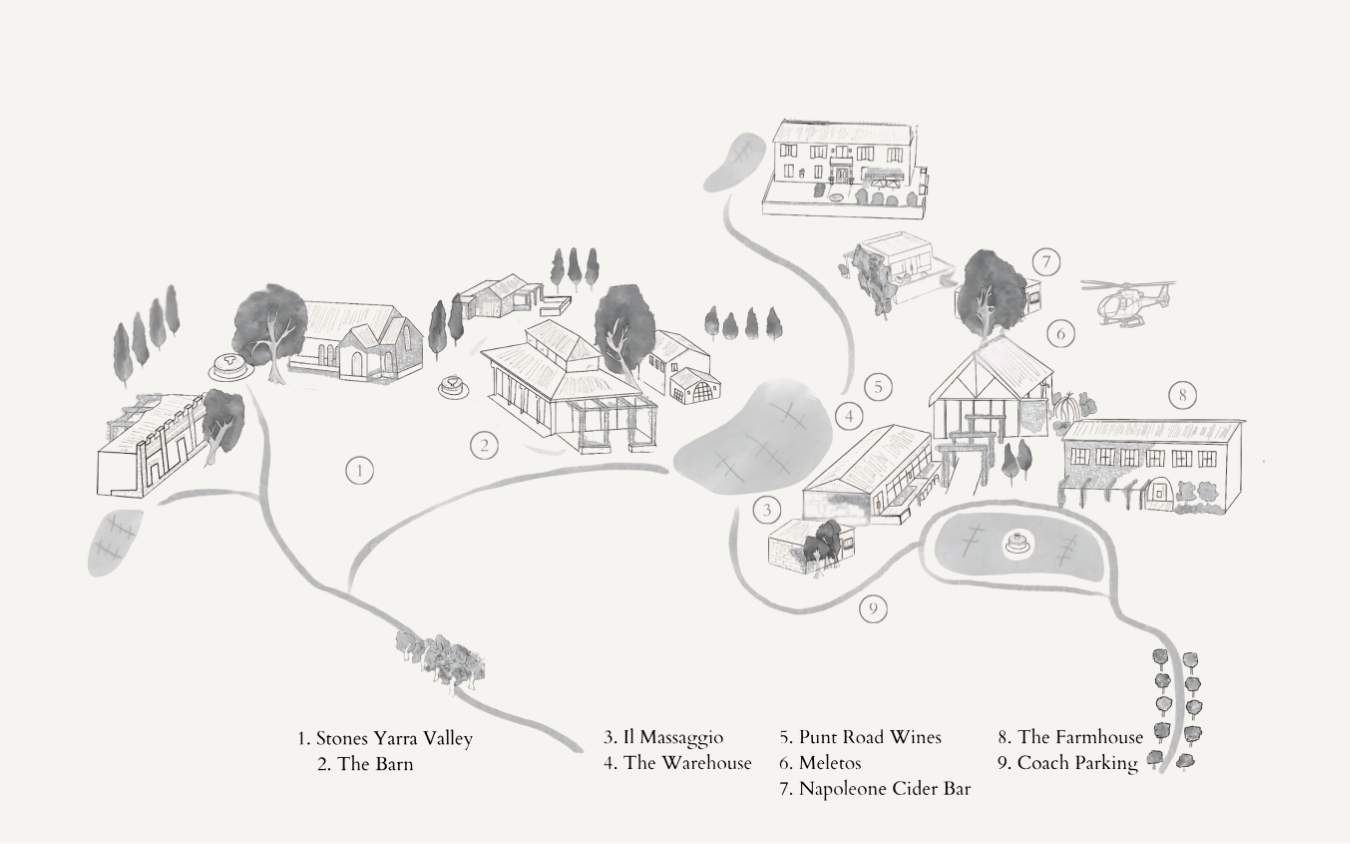 Illustrated view of the estate showing Punt Road Wines, Meletos, The Farmhouse, Il Massaggio and other estate locations