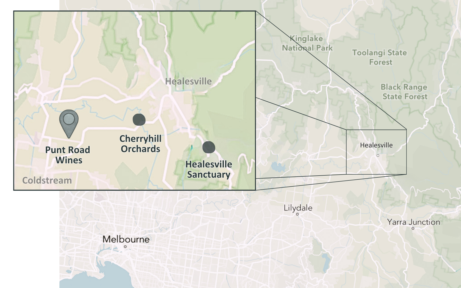 Map showing Punt Road Wines, CherryHill Orchards and Healesville Sanctuary in the Yarra Valley, with Melbourne shown for context