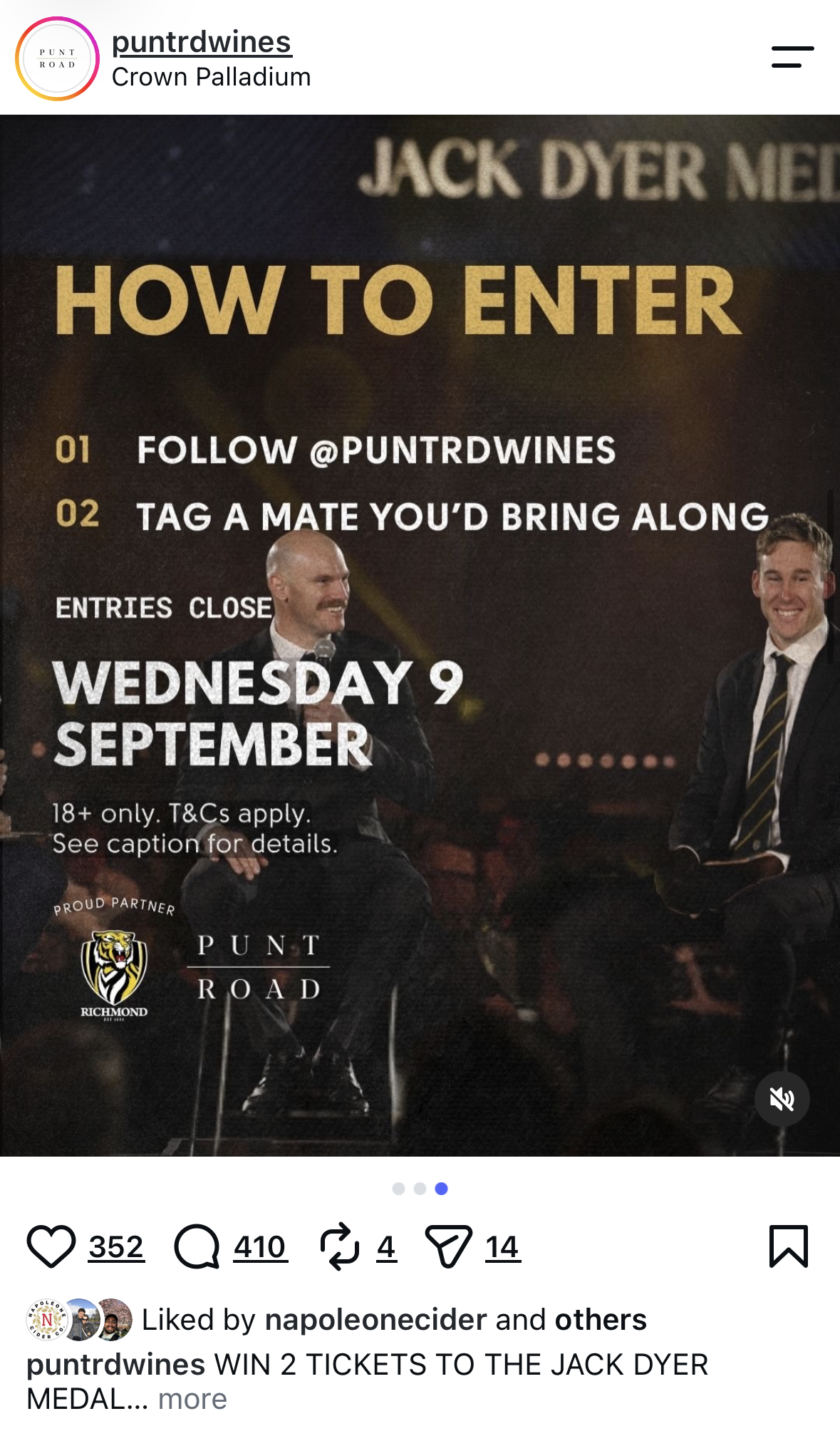 Punt Road Wines Jack Dyer Medal competition Instagram post