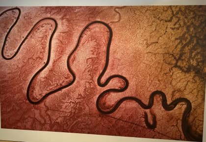 An aerial view of a river in the Barka (the Darling River) surrounded by red land and other dried-up river beds.