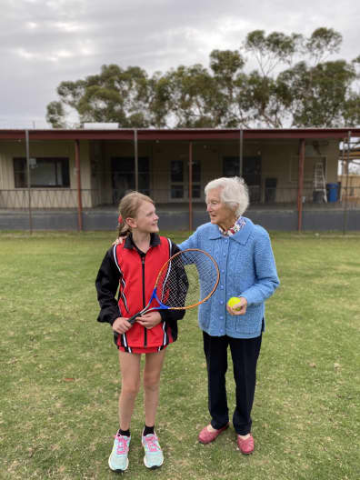 Beverley District High School Year 4 student Abigail Bailey with Mrs Mary Blechendyn at the Beverley Lawn Tennis Club