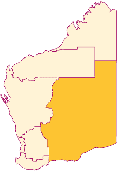 A simple map of Western Australia using pink outline to show the different geographical regions in the state. The Goldfields region, a large portion of the south-east, is shaded in a darker gold colour than the rest of the map..