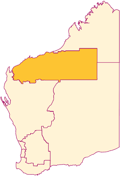 A simple map of Western Australia using pink outline to show the different geographical regions in the state. The Pilbara region, in the northern half of the state, is shaded in a darker gold colour than the rest of the map..