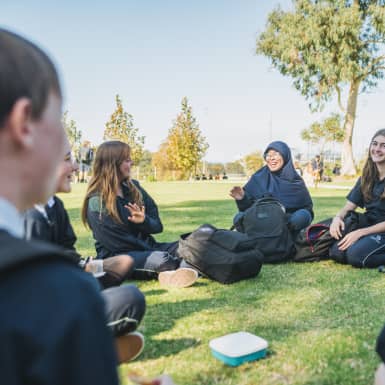 Group of students sitting on grass talking