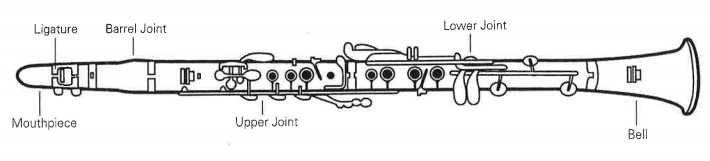 Diagram which shows the parts of a clarinet: ligature, barrel joint, lower joint, bell, upper joint, mouthpiece.