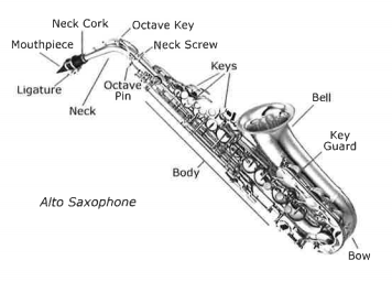 Diagram which shows the parts of an alto saxophone: neck cork, octave key, neck screws, keys, bell, key guard, bow, body, octave pin, neck, ligature, mouthpiece.