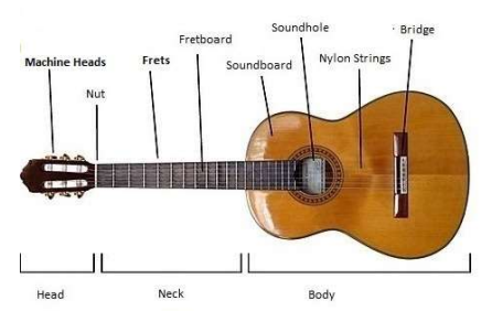 Diagram which shows the parts of a guitar: head, neck, body, bridge, nylon strings, sound hole, soundboard, fretboard, frets, nut and machine heads.