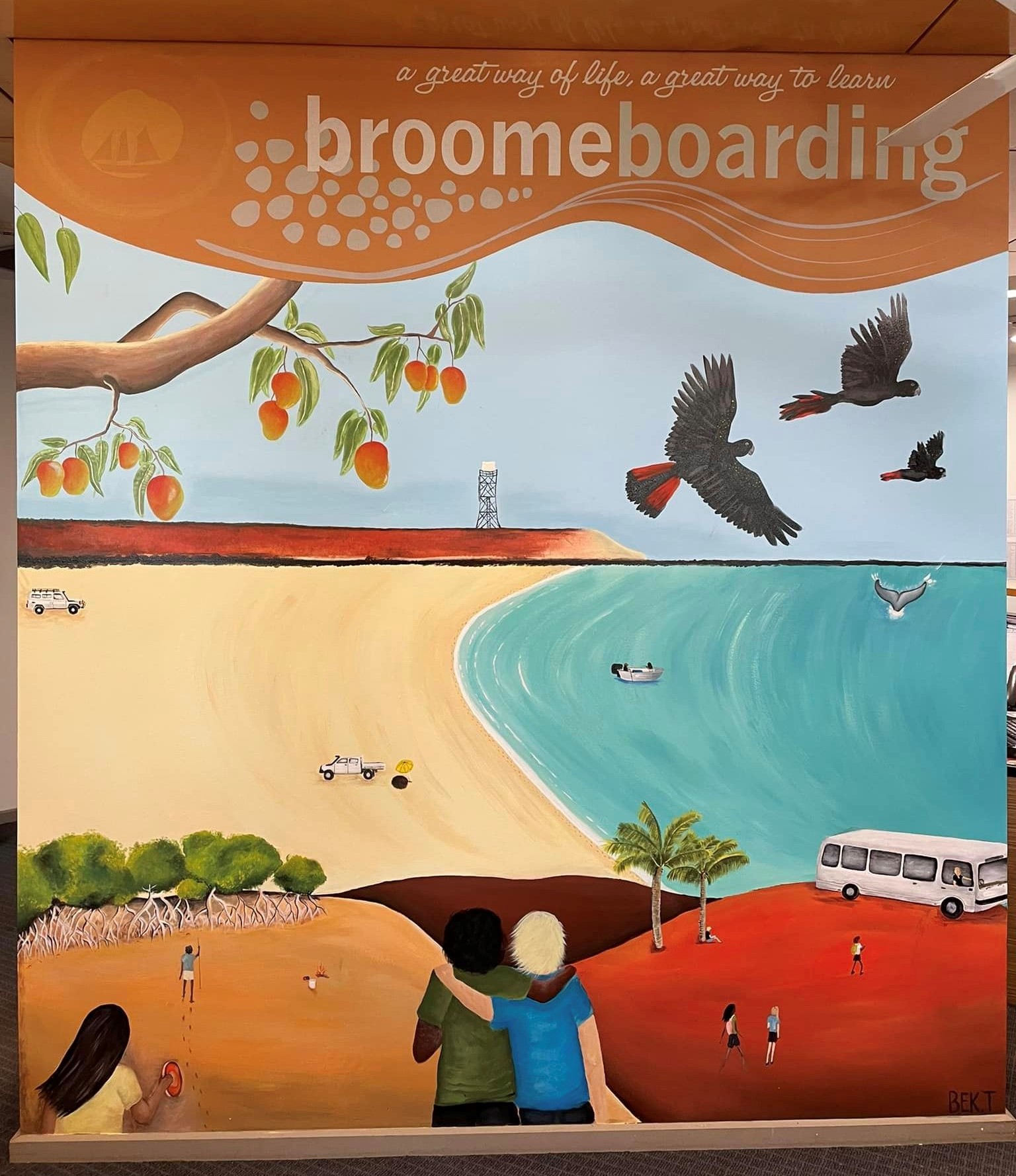 pic of Broom mural saying: Broome Boarding - a great way of life, a great way to learn