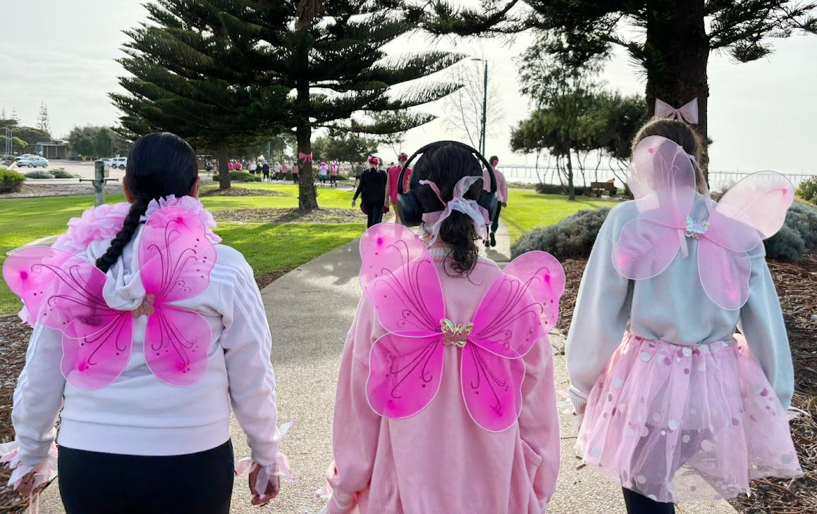 3 Esperance Residential College boarders wearing pink butterfly wings