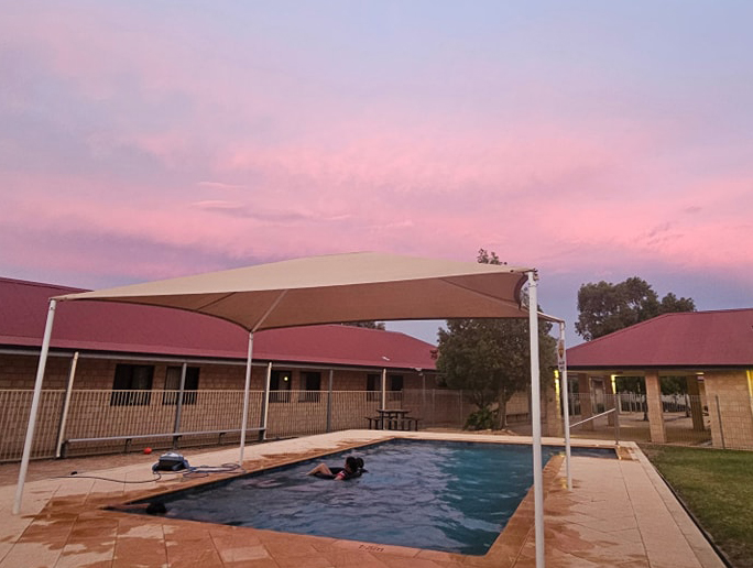 Merredin Residential College swimming pool in the sunset