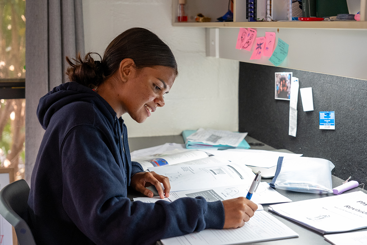 Broome Residential College boarder studying at her desk