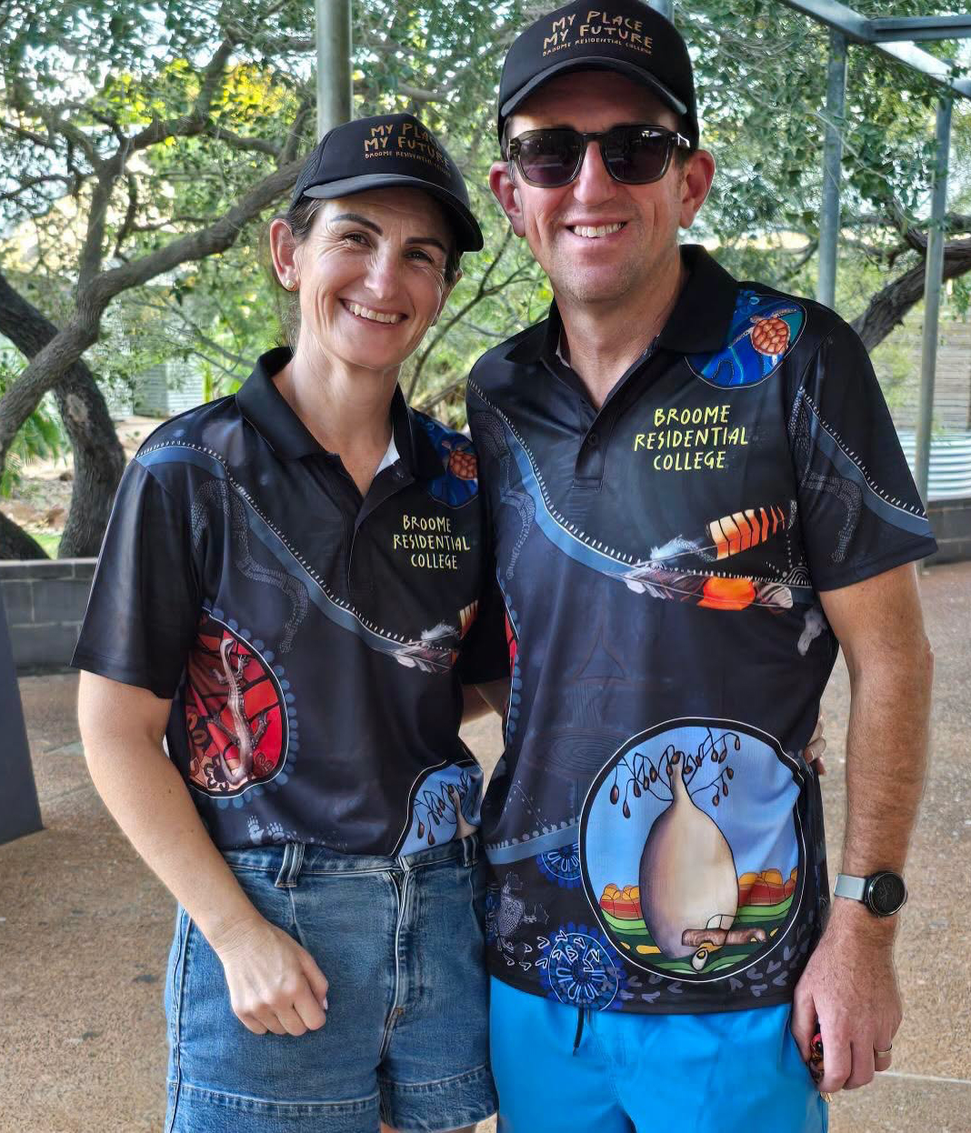 Broome Residential College supervisors modelling the new college tshirts designed in collaboration with college boarders and local artists.
