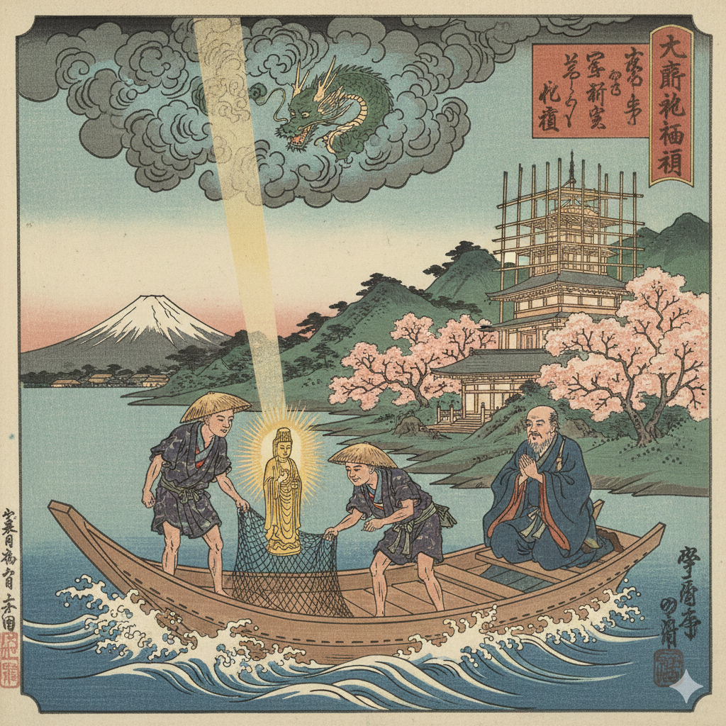 Historical illustration or artistic representation of the temple's founding legend