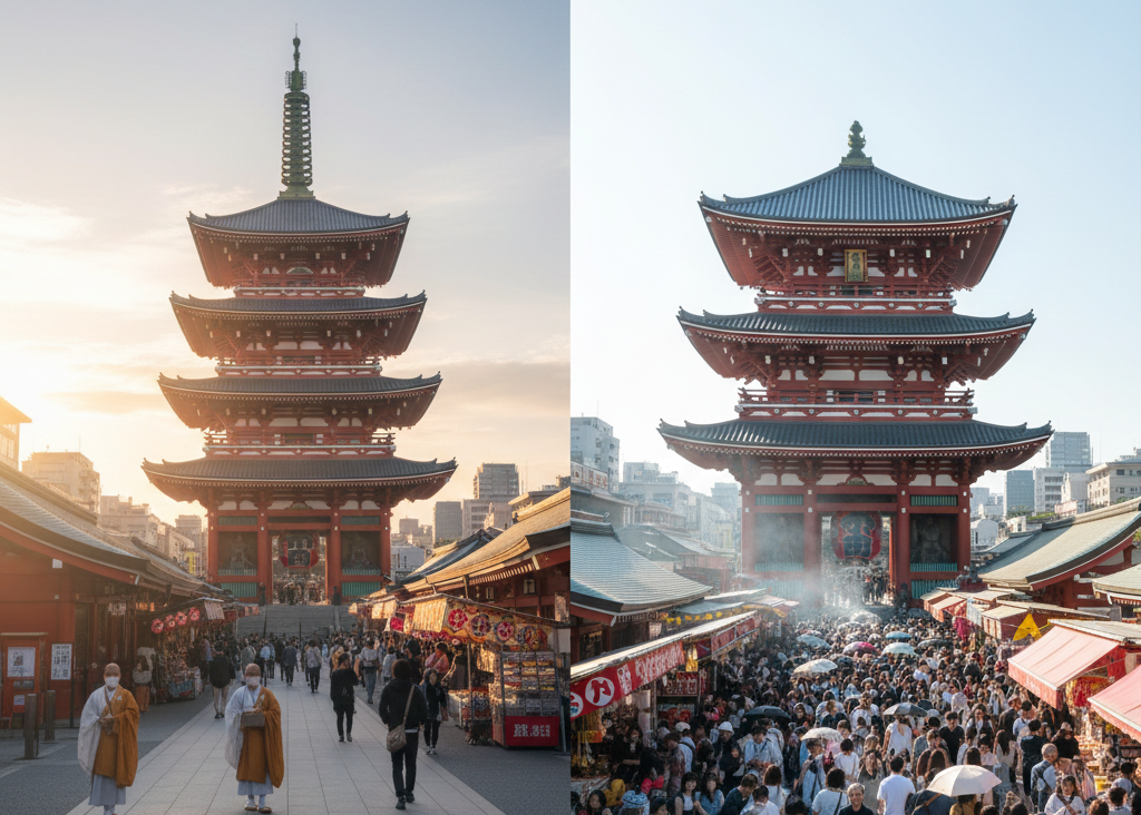 Side-by-side comparison showing the temple during sunrise (peaceful) vs midday (crowded)