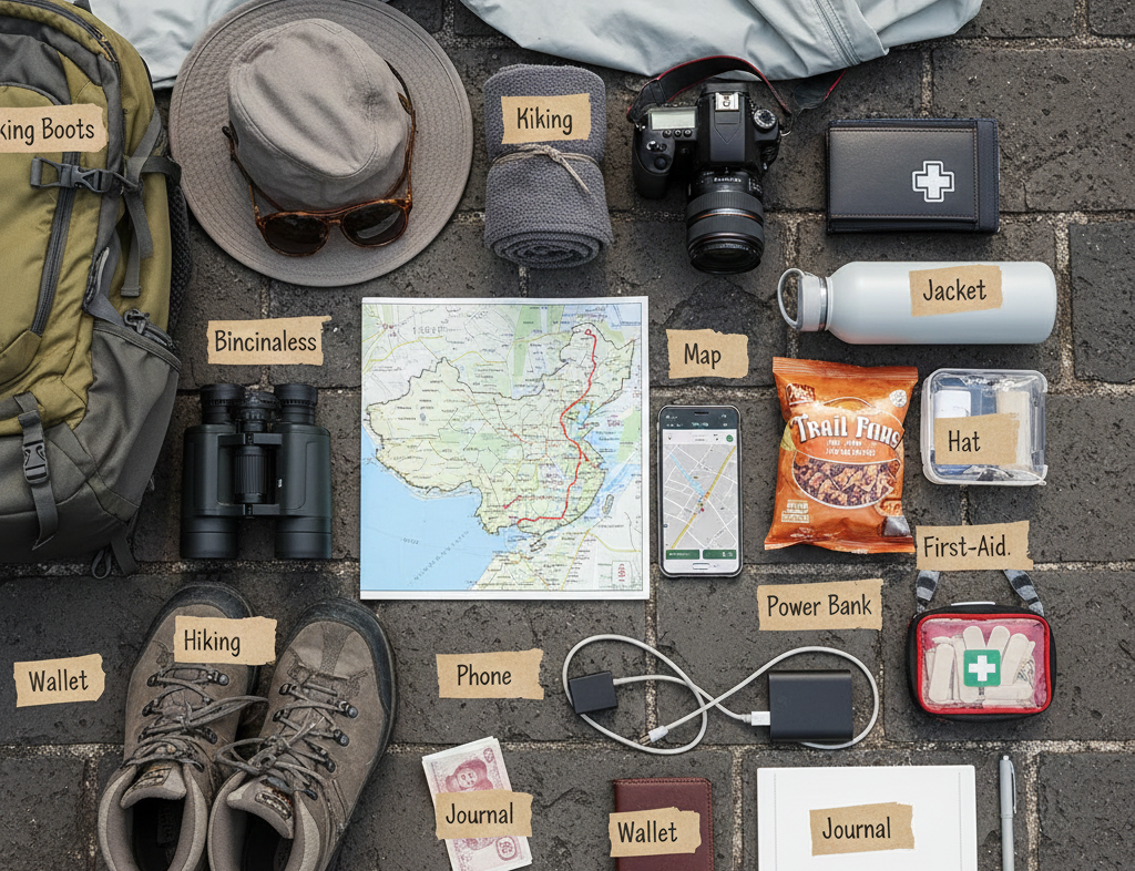 Flat-lay photo of essential items to pack for Great Wall visit