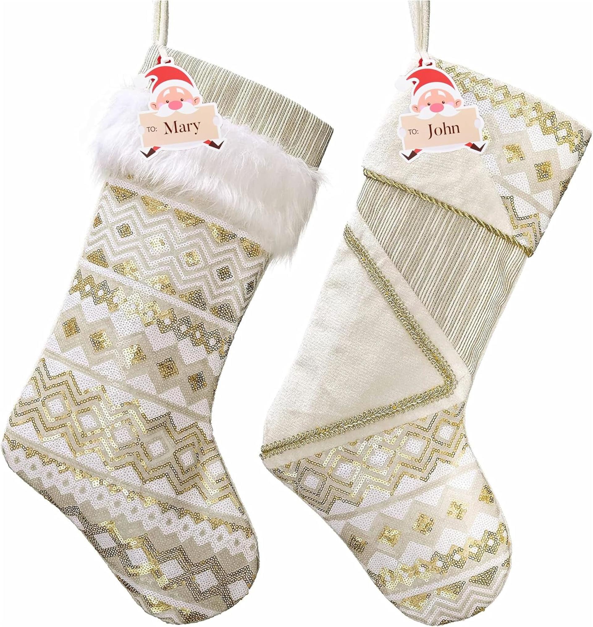 Christmas Stockings 21 Inch - White Gold Plush Fireplace Hanging Decor 2 Pack - 1