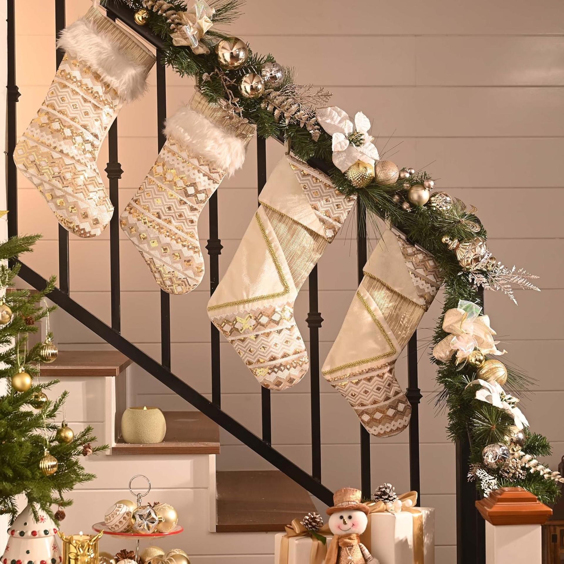 Christmas Stockings 21 Inch - White Gold Plush Fireplace Hanging Decor 2 Pack - 3