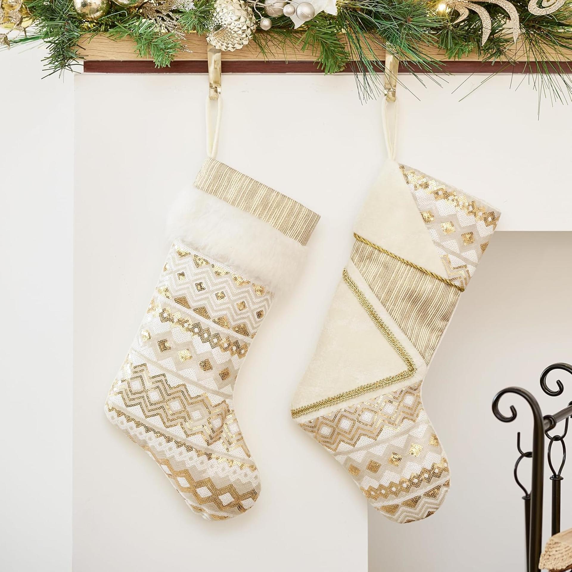 Christmas Stockings 21 Inch - White Gold Plush Fireplace Hanging Decor 2 Pack - 4