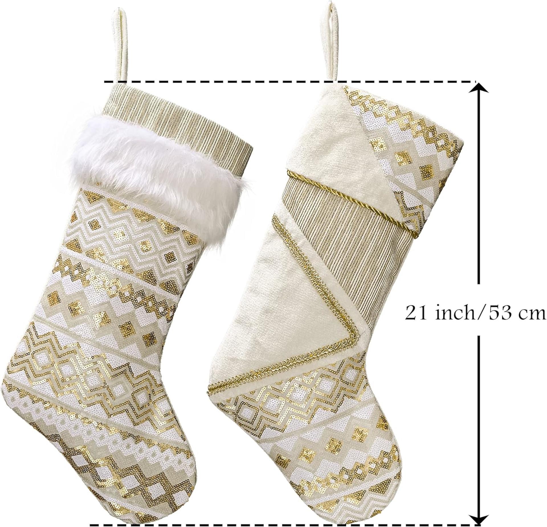 Christmas Stockings 21 Inch - White Gold Plush Fireplace Hanging Decor 2 Pack - 6