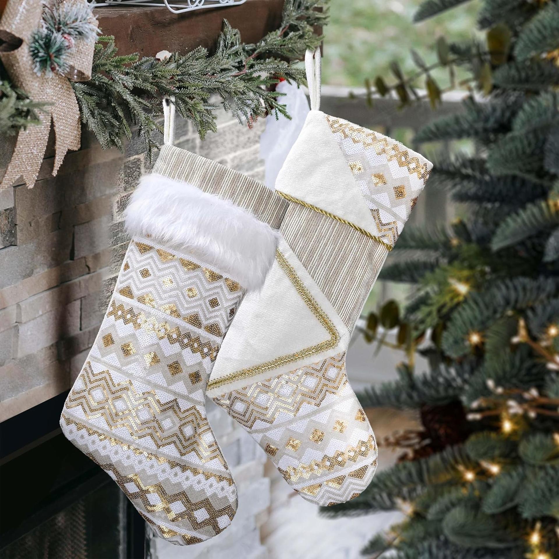 Christmas Stockings 21 Inch - White Gold Plush Fireplace Hanging Decor 2 Pack - 7