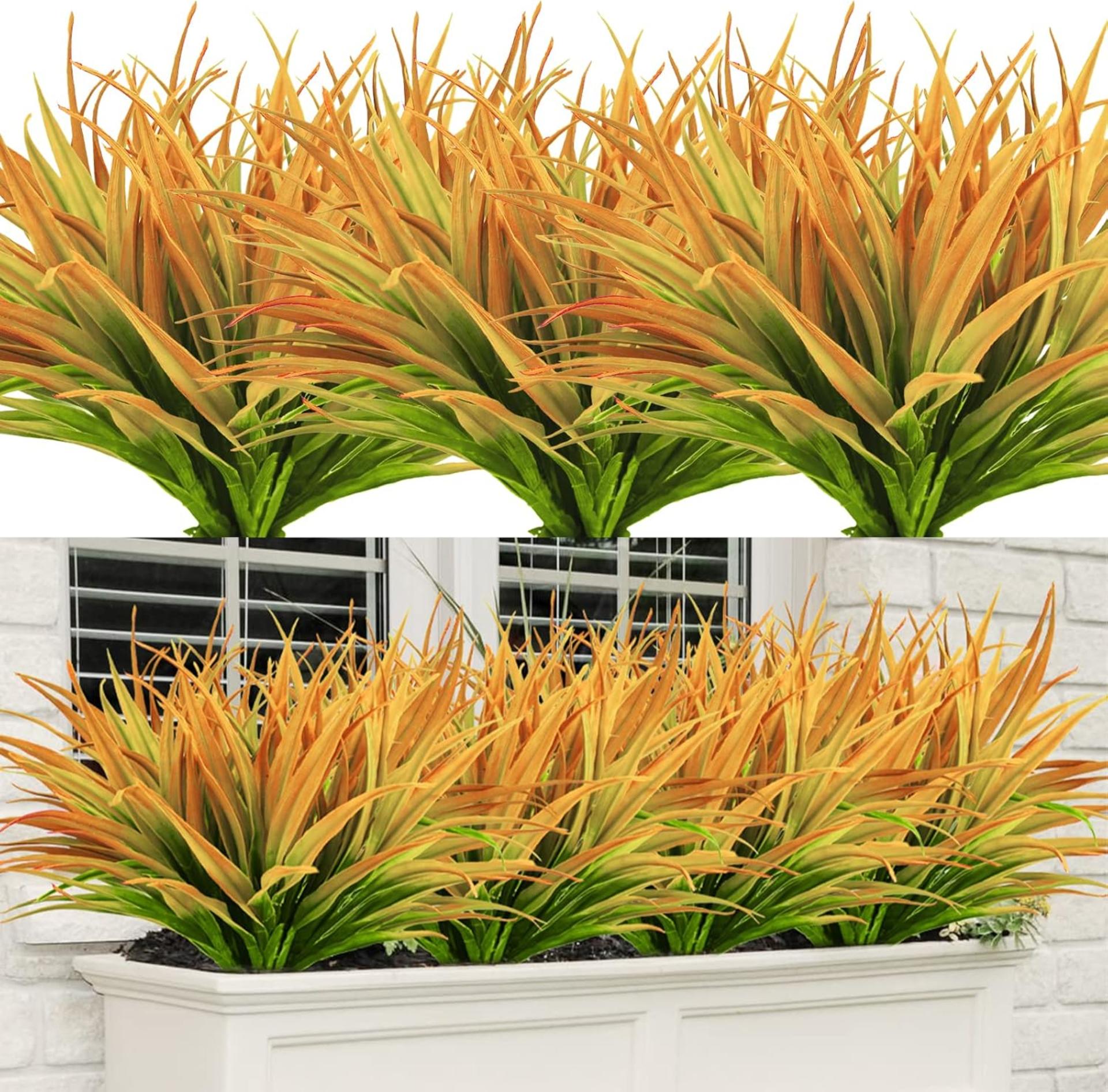 Artificial Grass Plants - 8 Pack UV Resistant Faux Greenery 17.5" Tall for Outdoor Garden Decor