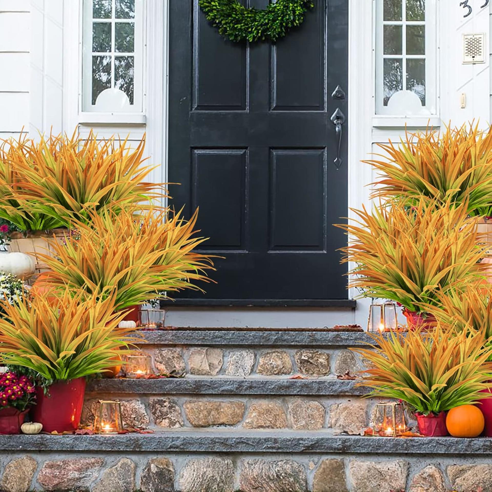 Artificial Grass Plants - 8 Pack UV Resistant Faux Greenery 17.5" Tall for Outdoor Garden Decor - 3