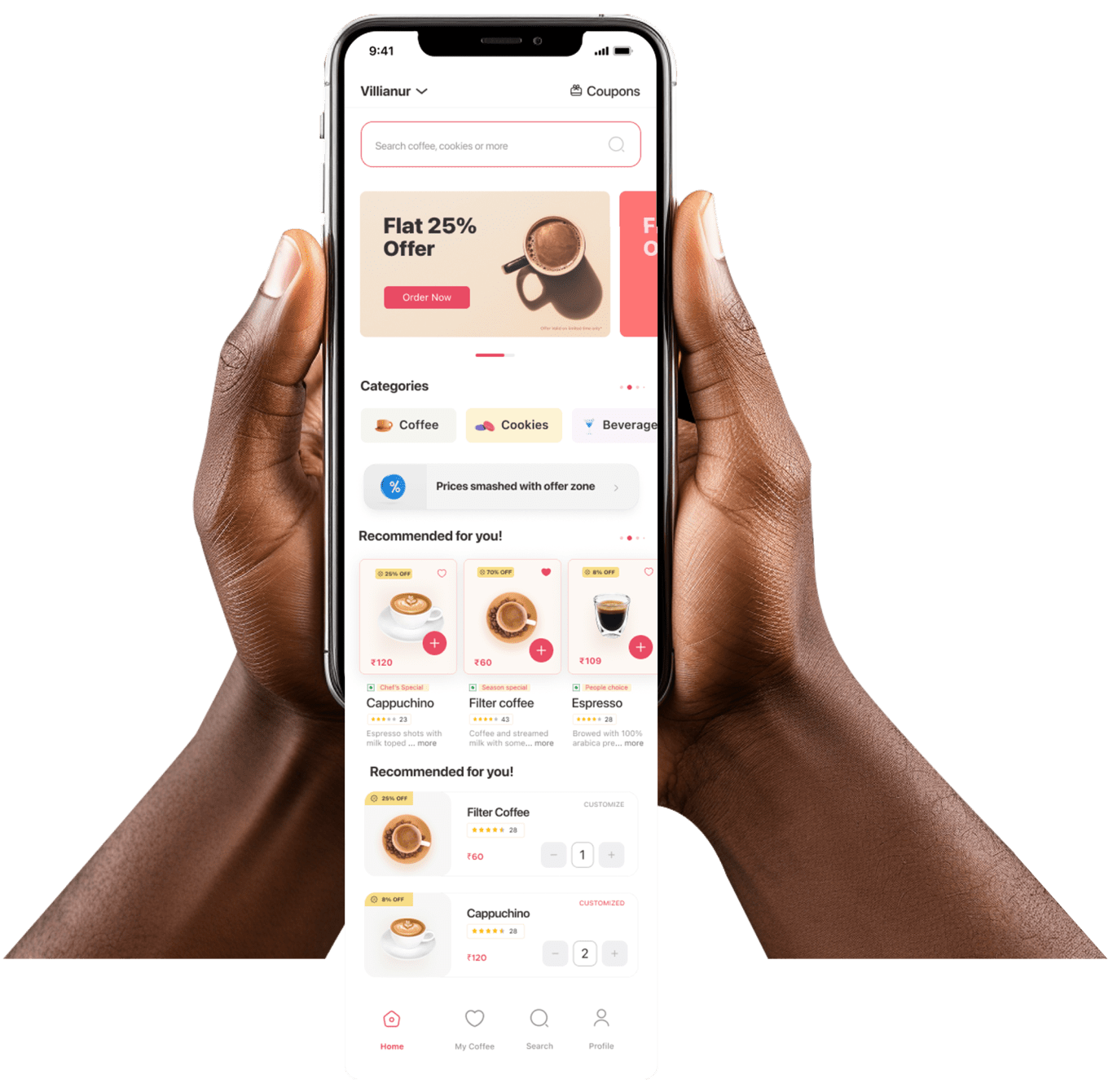 Whitetown Café coffee ordering app — mobile UI mockup