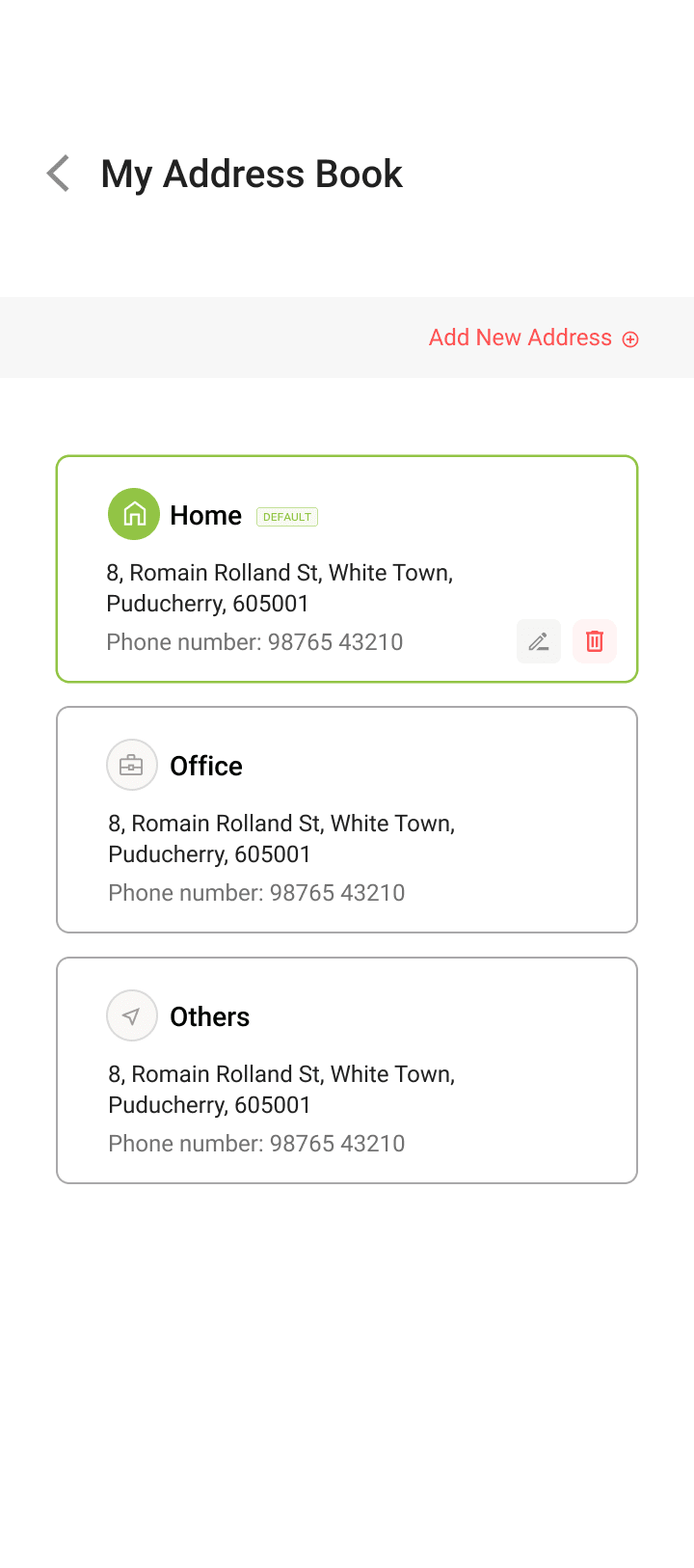Saved delivery address book screen