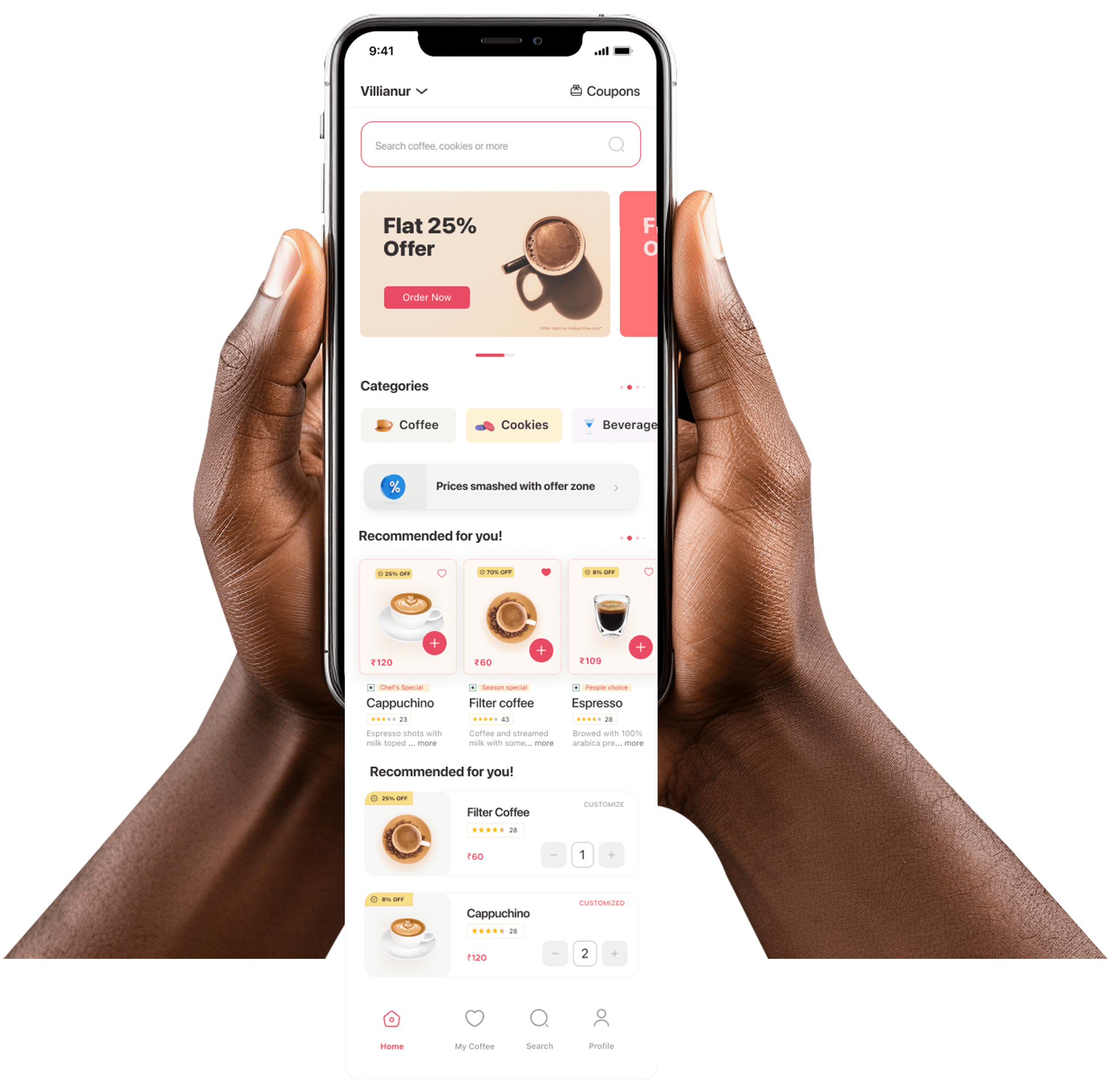 Mobile coffee ordering app mockup held in hands