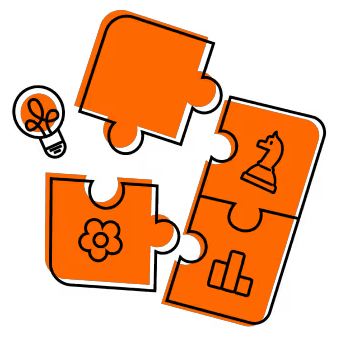 Illustrated puzzle assembling the BrandViora formula of strategy, structure, and story