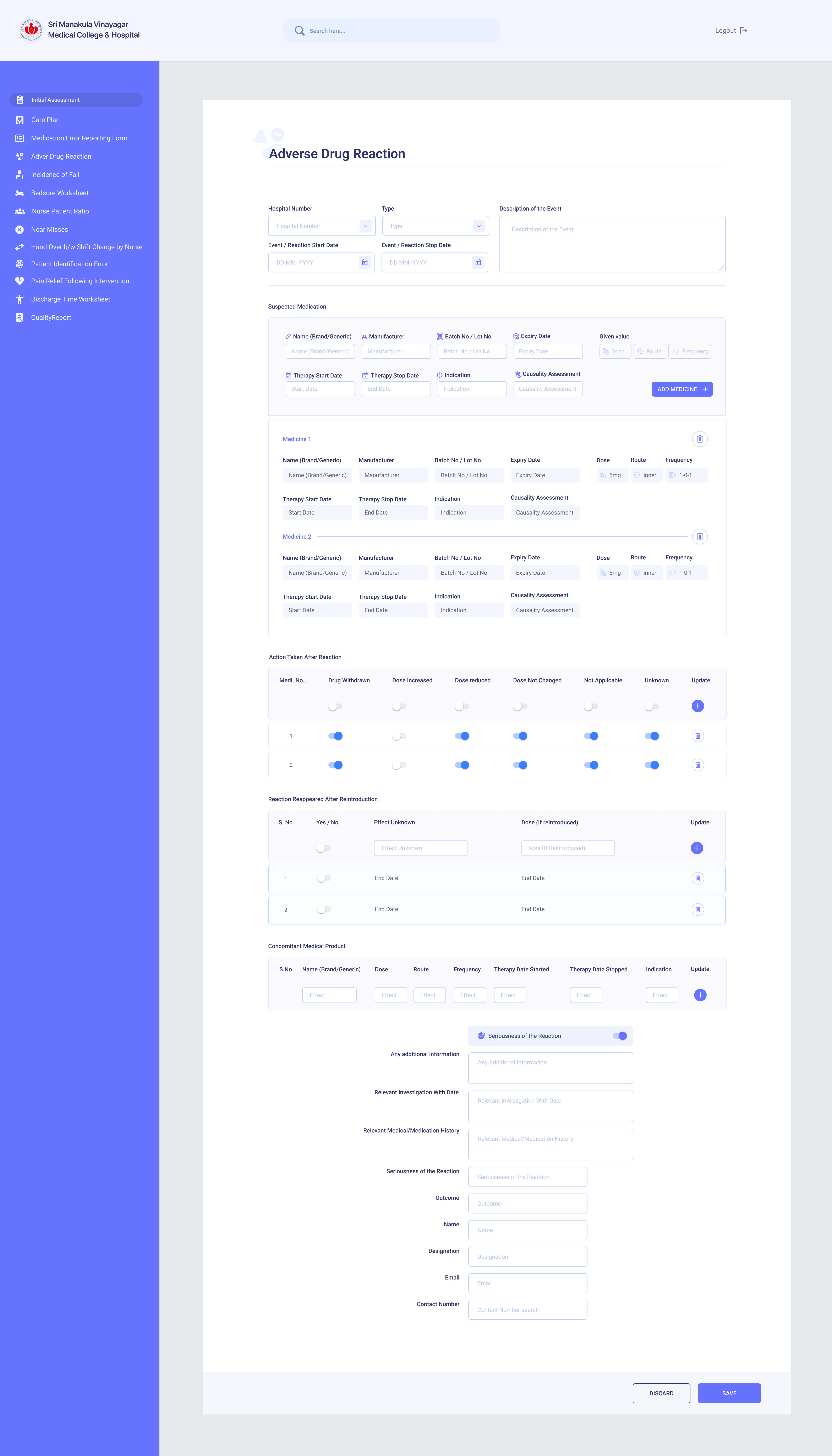 Adverse Drug Reaction form with multi-section clinical data