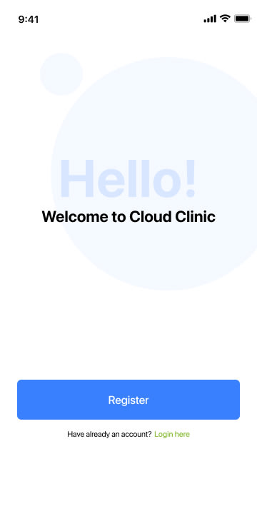 Welcome screen with register and login actions