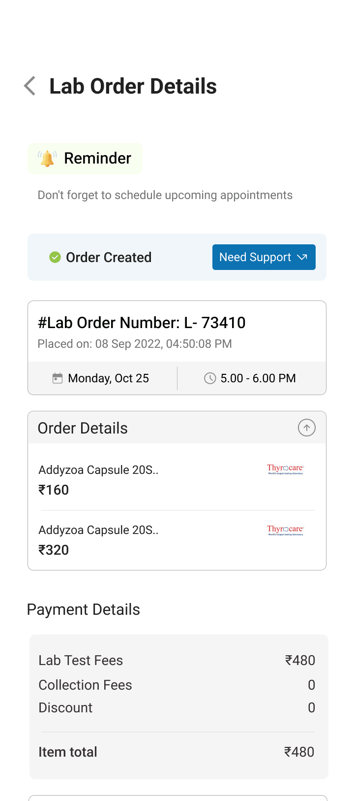 Lab order details screen with appointment reminder