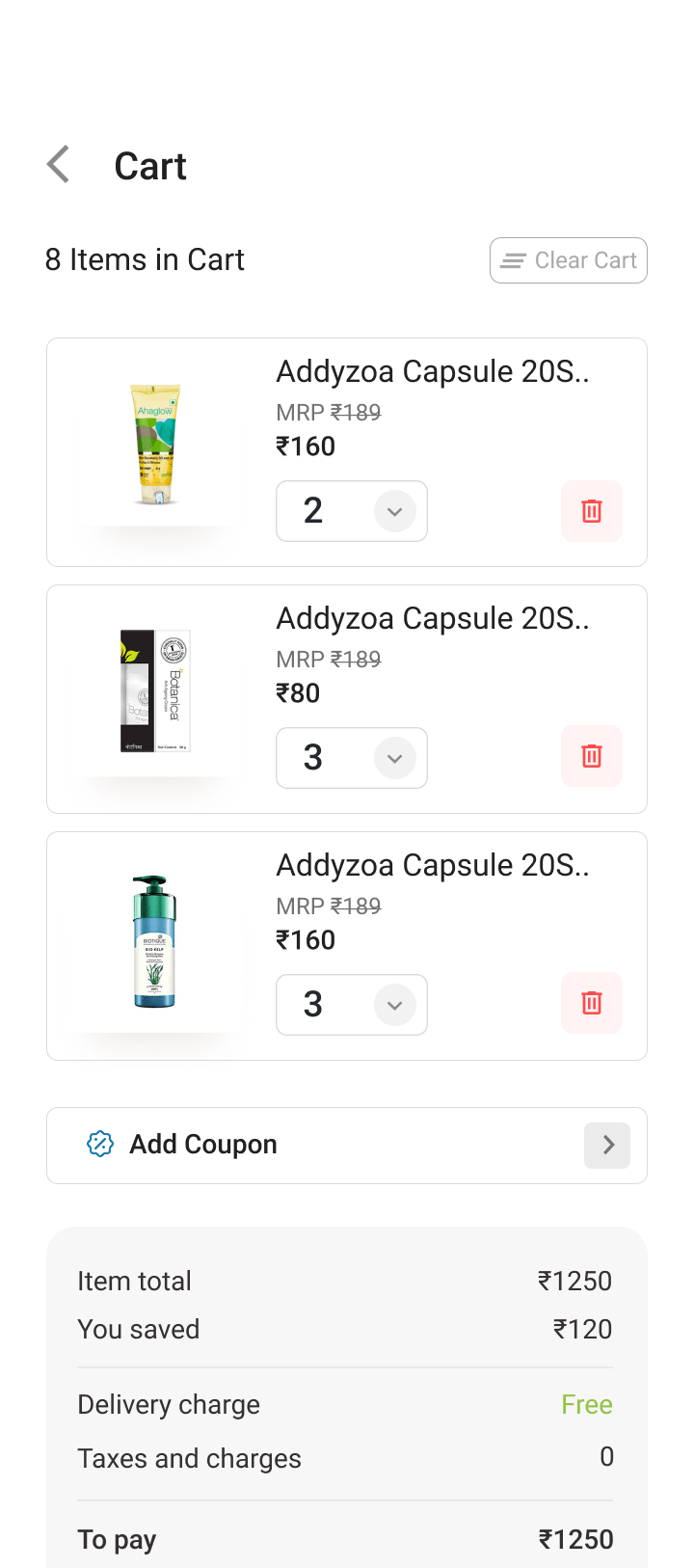 Extended cart with quantity steppers and price summary